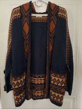 Lucky Brand Navy and Rust Geometric Open-Front Cardigan